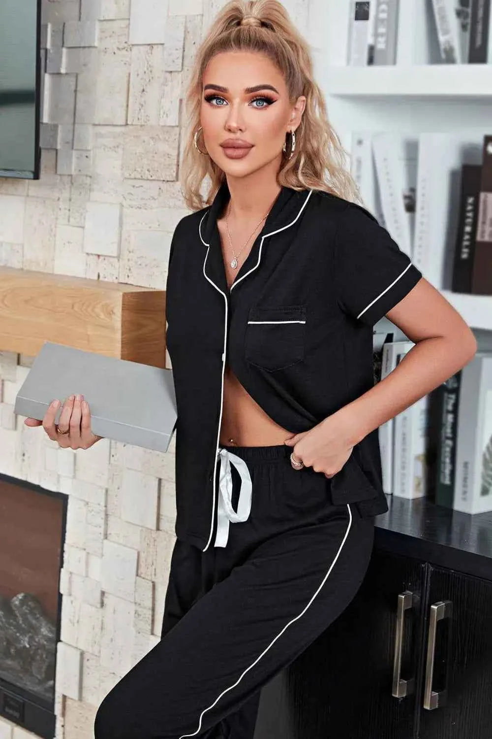 Midnight Mode Button-Up Lounge Set – Black
