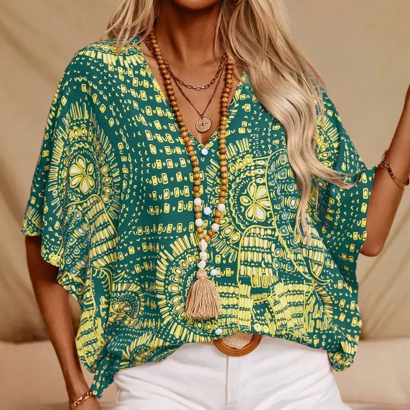 Mandala Muse – Boho Batwing V-Neck Blouse
