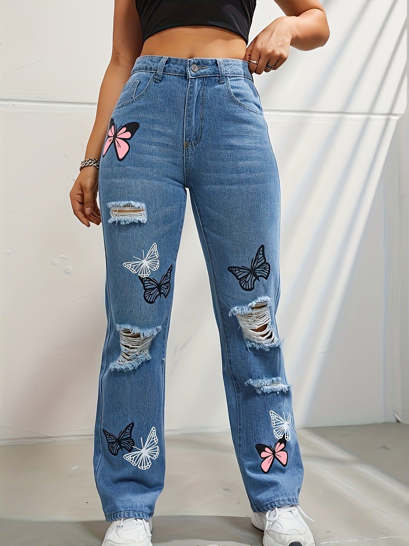 Pantalon en jean imprimé papillon Feel The Wind