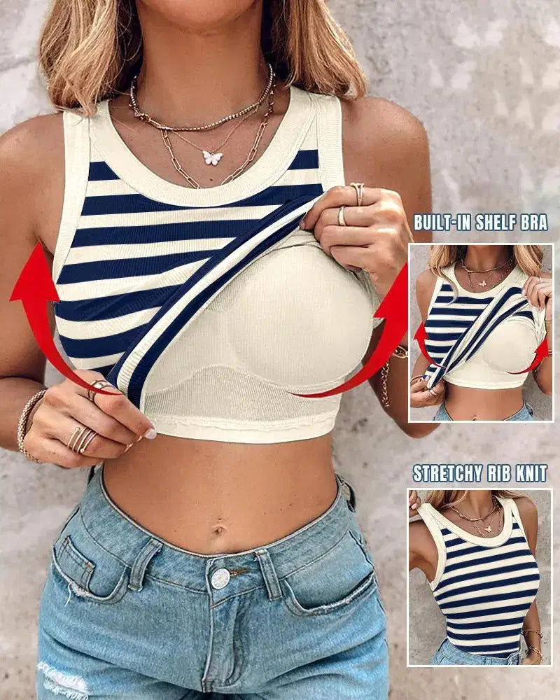 Slim Striped Sleeveless Vest with Bralette - Fashion Round Neck Tank Top for Women