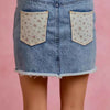 SO ME Washed Denim Floral Contrast Pockets Mini Skirt