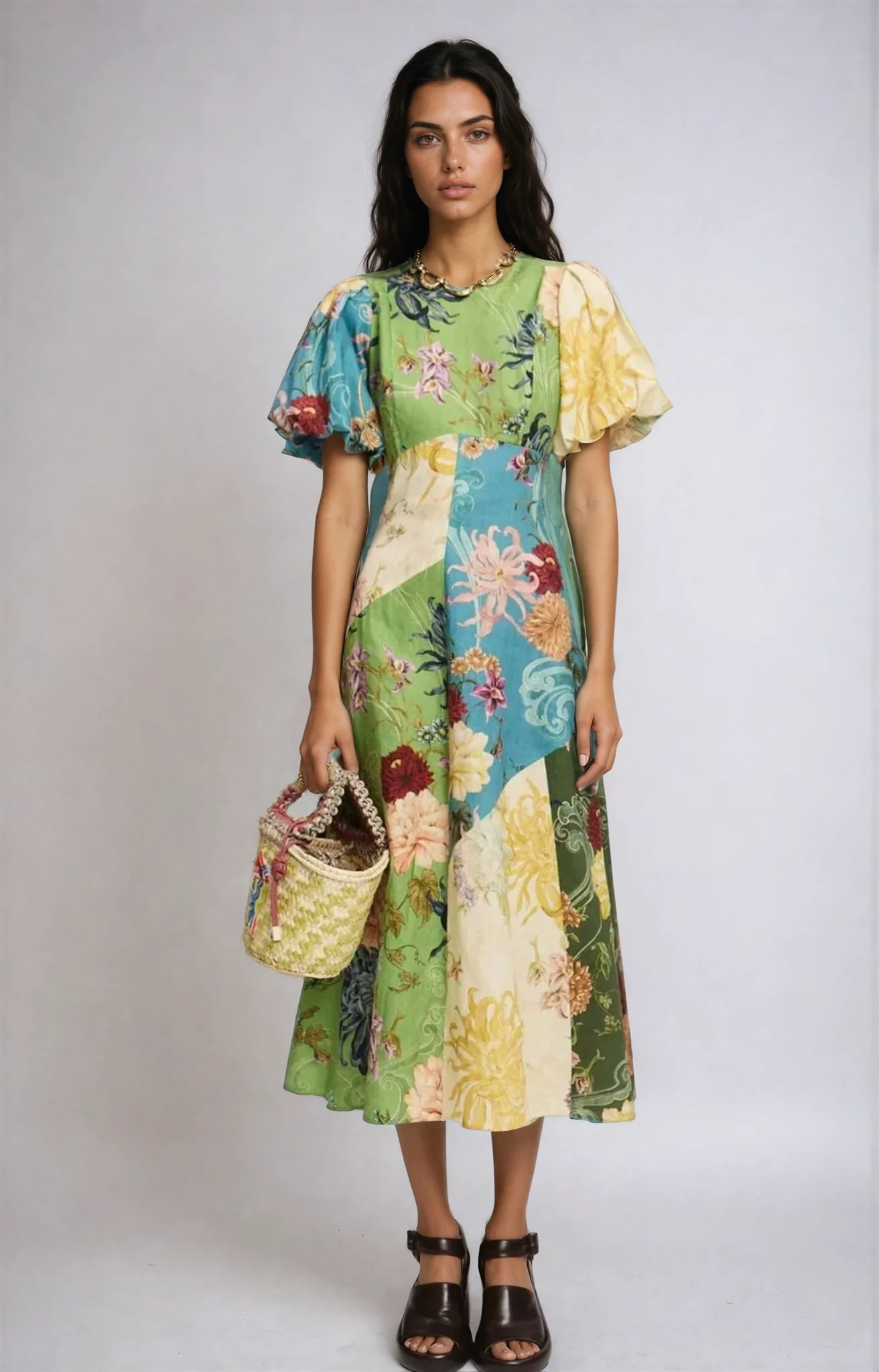 Helia Daydream Patchwork Puff Sleeve Dress