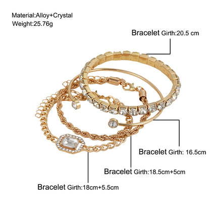 4 Pcs Crystal Bracelet Set - Bohemian Design for Women | Vintage Luxury Twisted Cuff Chains Armband Jewelry