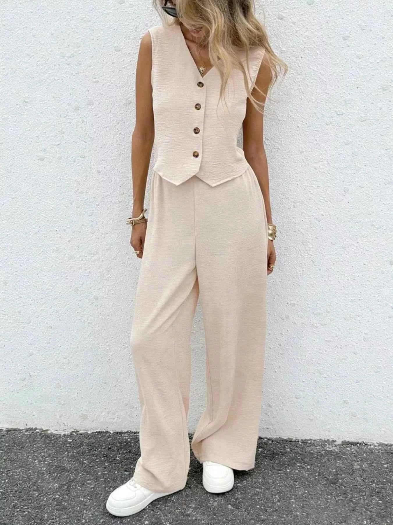 Button Up Vest and Wide Leg Pants Set