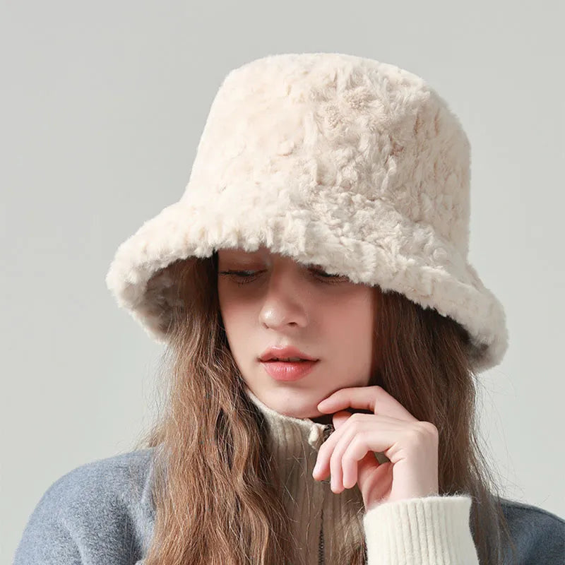 Lambswool Fisherman Hat – Winter Warm Solid Color Bucket Hat for Women