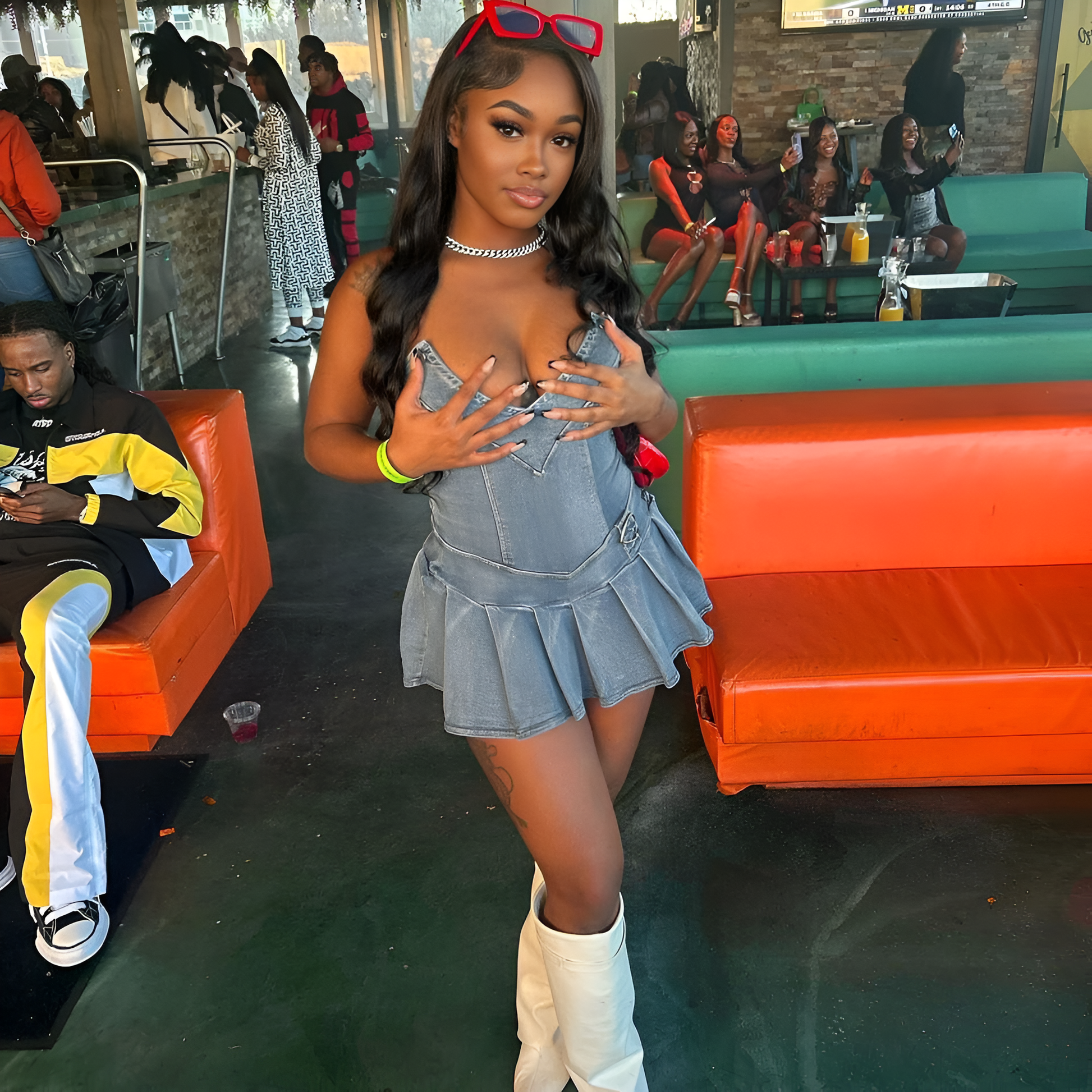 Riviera Charm Pleated V-Neck Denim Mini Dress