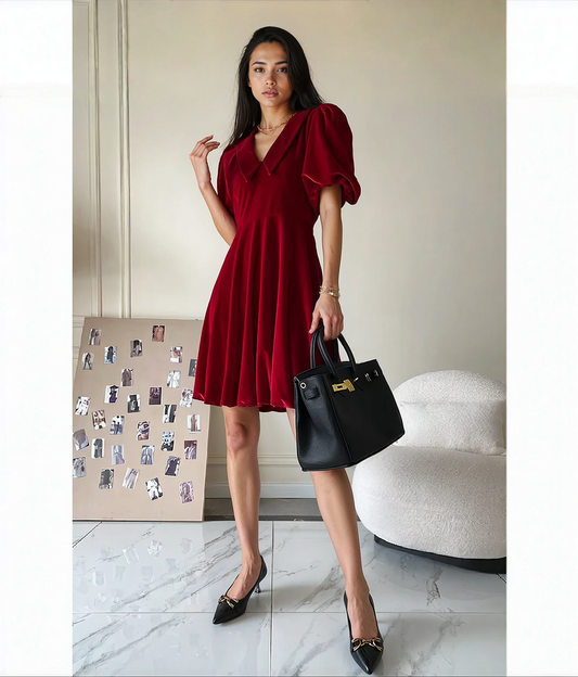 Scarlet Reverie Bubble Sleeve Velvet Dress