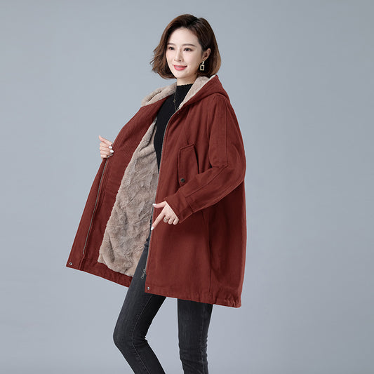 Fleece-lined Thick Hooded Parka   Long Sleeve Zipper Jacket