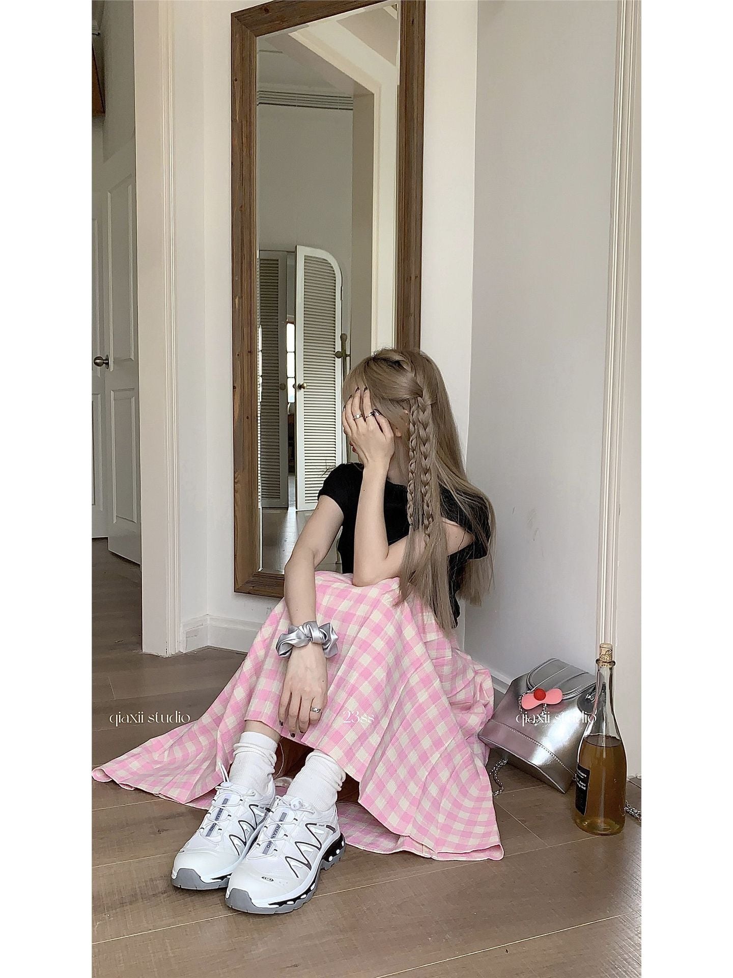 Samantha Checkered Pleated Maxi Skirt