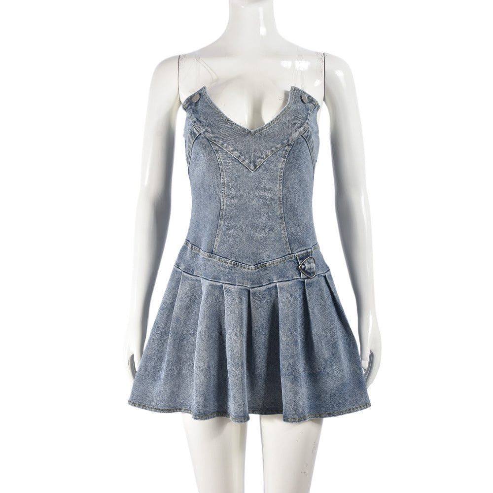 Riviera Charm Pleated V-Neck Denim Mini Dress