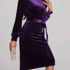 Round Neck Tie Waist Long Sleeve Velvet Dress