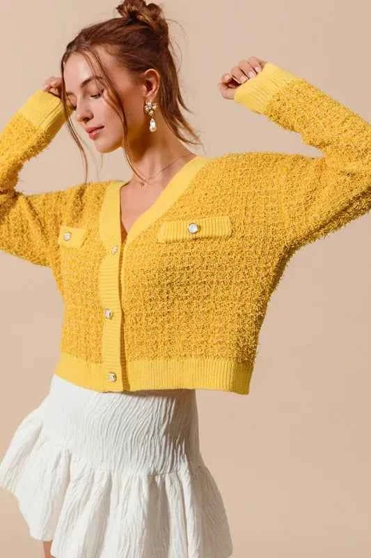 SO ME Frayed Tweed Knit Buttoned Front Cardigan