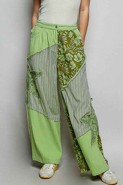 Pistachio Striped Floral Patchwork Wide leg Pants