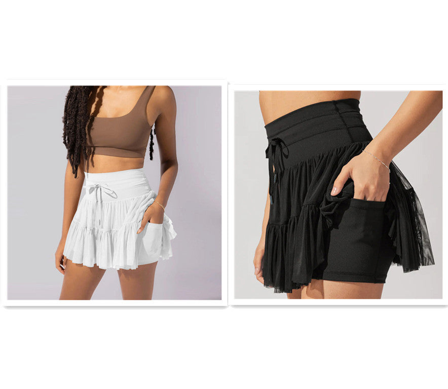 Jupe de sport taille haute à lacets avec pantalon de sécurité anti-exposition – Jupe plissée d'été pour femme