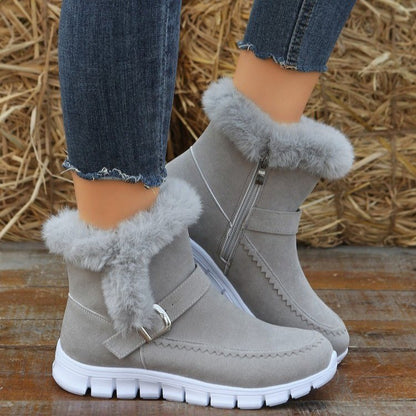 Women’s Winter Snow Boots - Warm Plush Ankle Boots with Buckle & Side Zipper