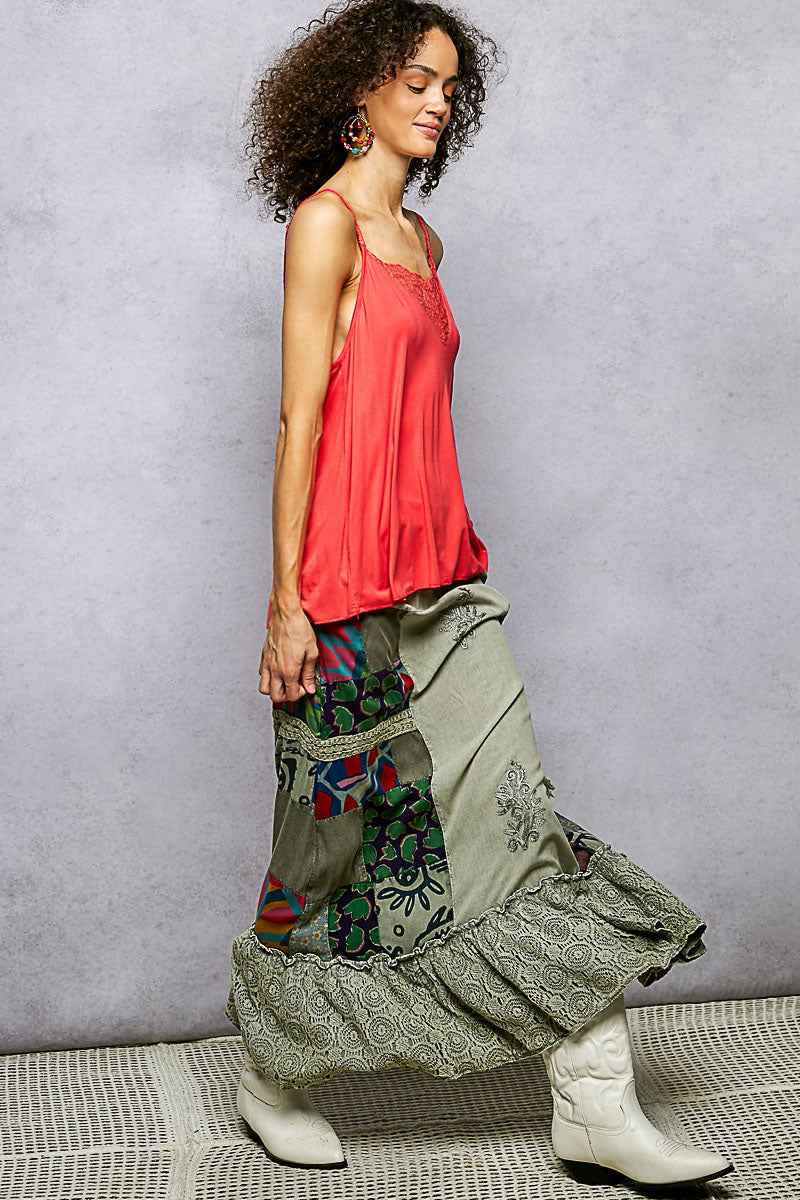 POL Printed Patchwork Embroidered Ruffled Skirt