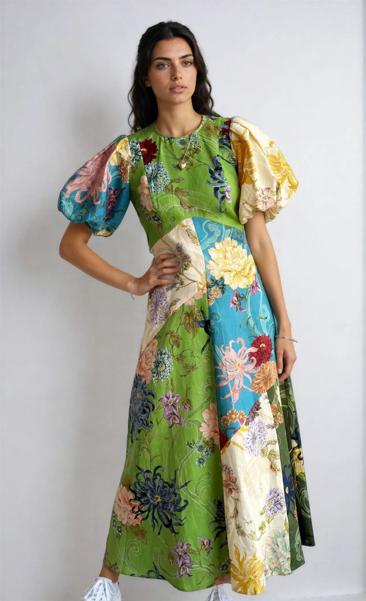 Helia Daydream Patchwork Puff Sleeve Dress