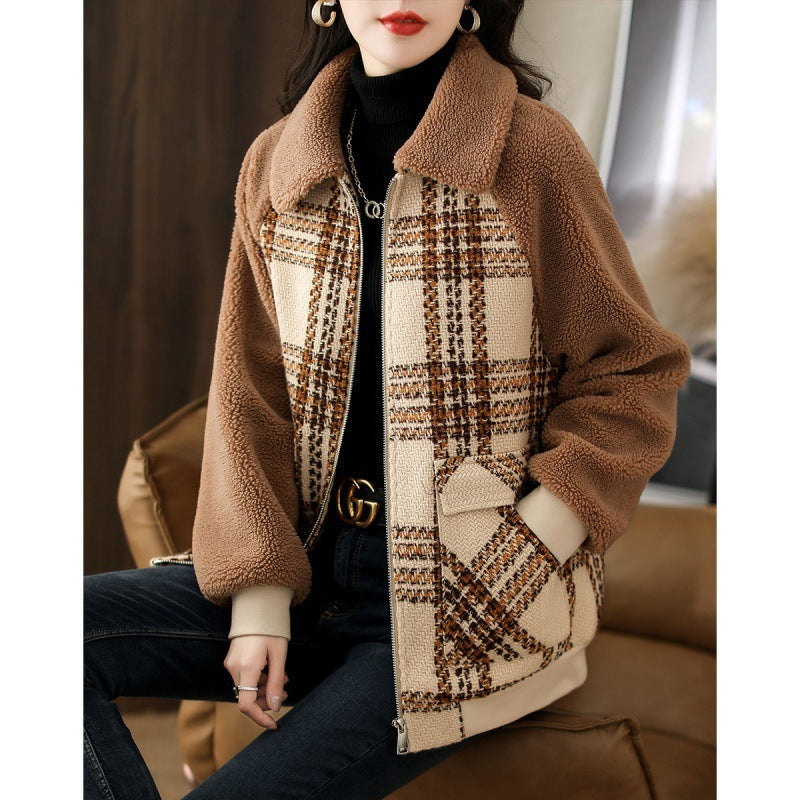 Simple  Plaid Raglan Sleeve Slimming Coat