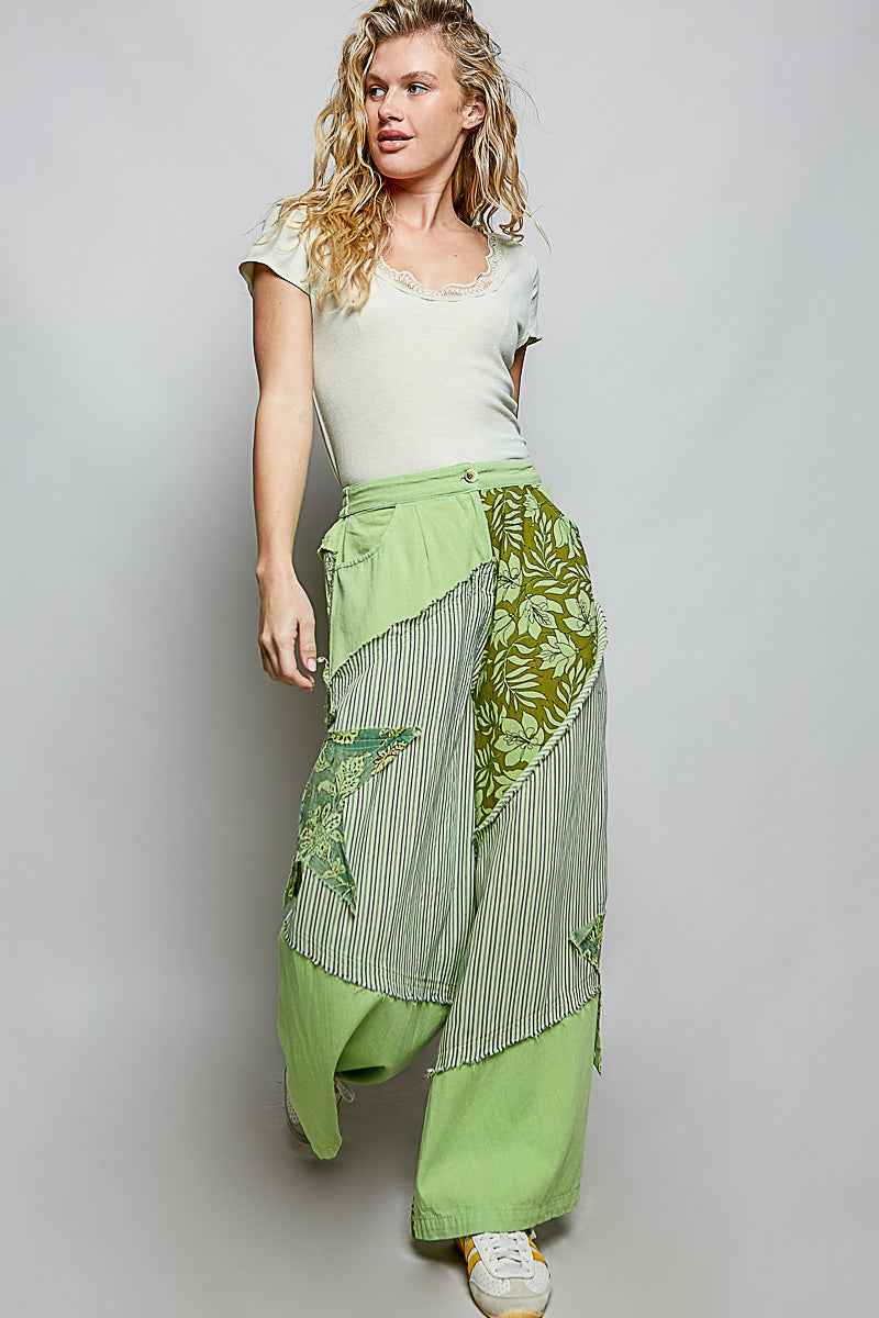 POL Striped Floral Patchwork Wide leg Pants with Side Big Star Patch