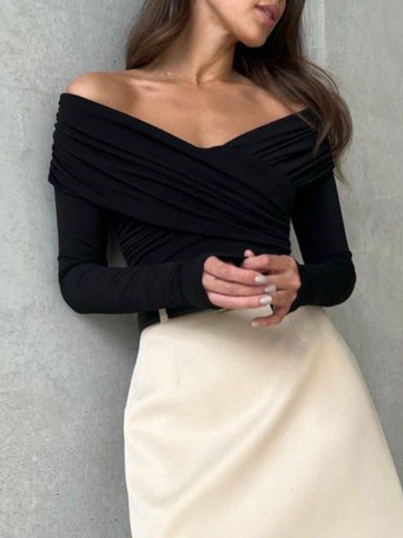Off-Shoulder Ruched Long Sleeve Bodysuit