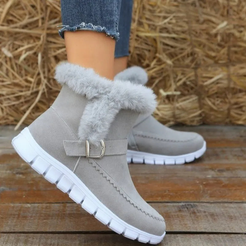 Women’s Winter Snow Boots - Warm Plush Ankle Boots with Buckle & Side Zipper