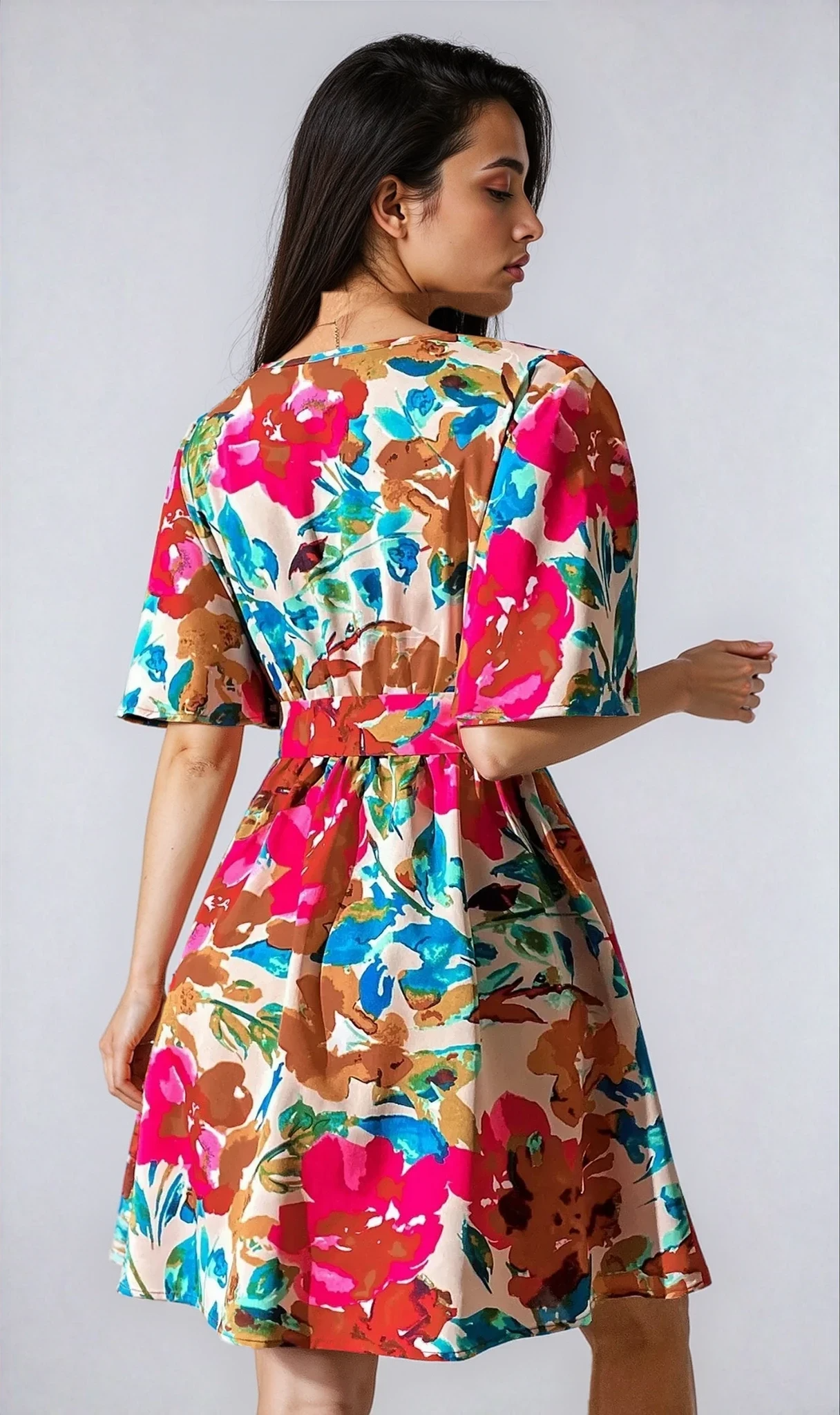 Vacation Primrose Painted-Florals Wrap Mini Dress
