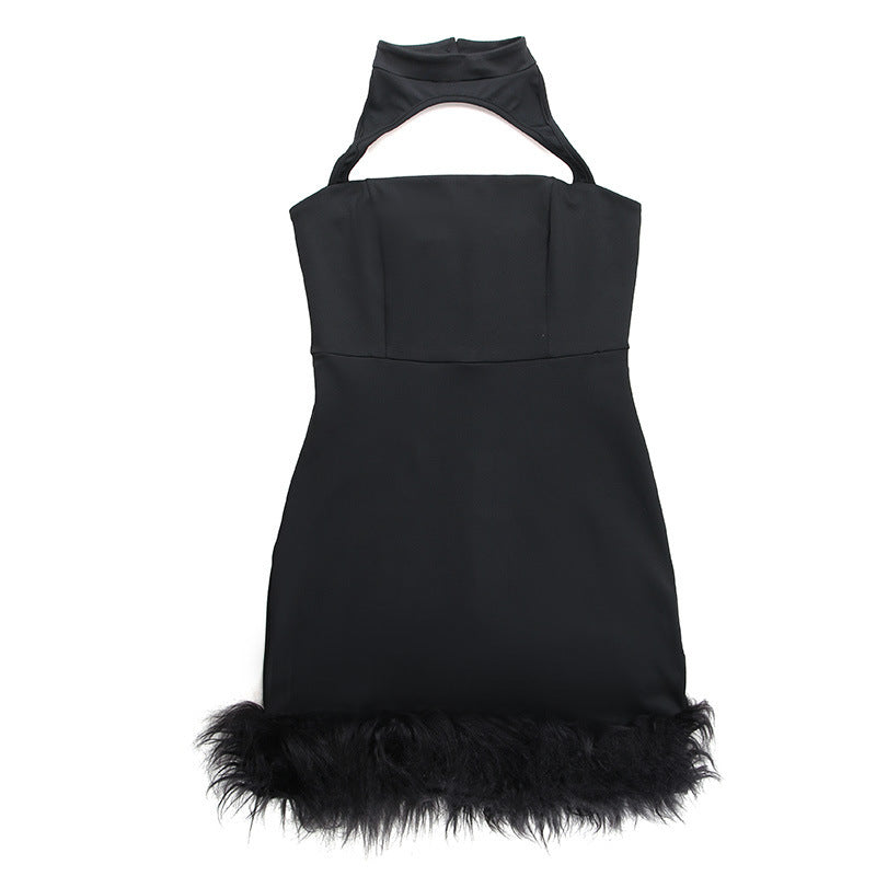 Midnight Luxe Hollow-Out Fur Hem Dress