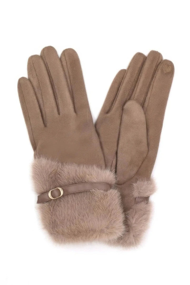Faux Fur And Strap Cuff Smart Touch Gloves. - Lustreve