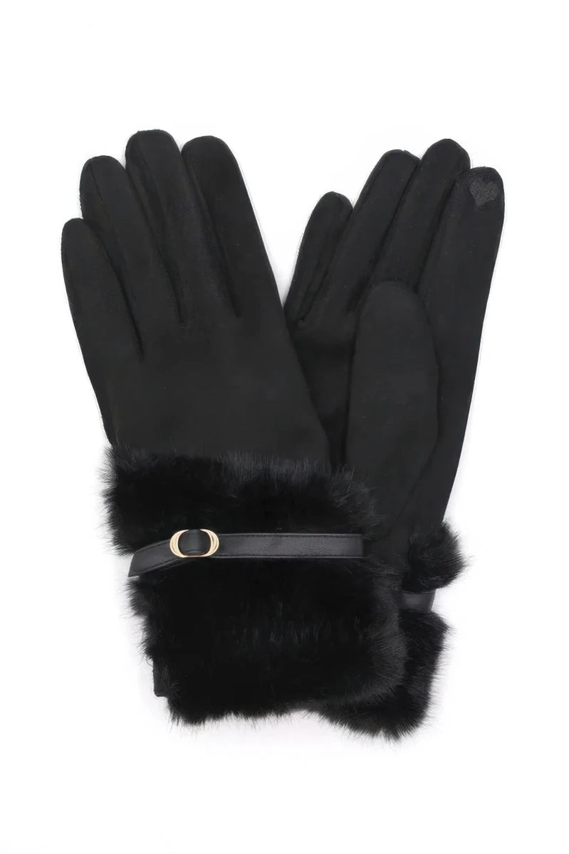 Faux Fur And Strap Cuff Smart Touch Gloves. - Lustreve