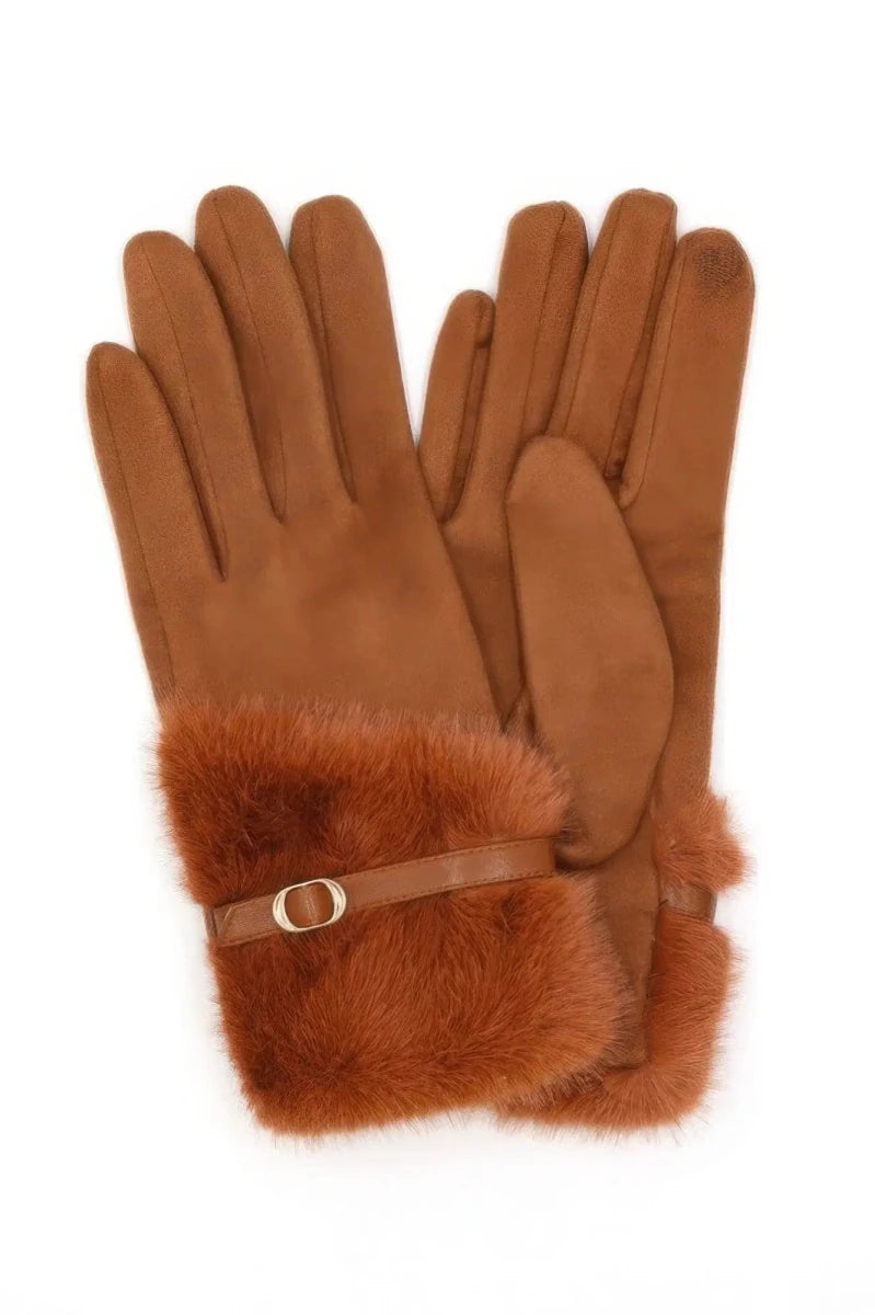 Faux Fur And Strap Cuff Smart Touch Gloves. - Lustreve