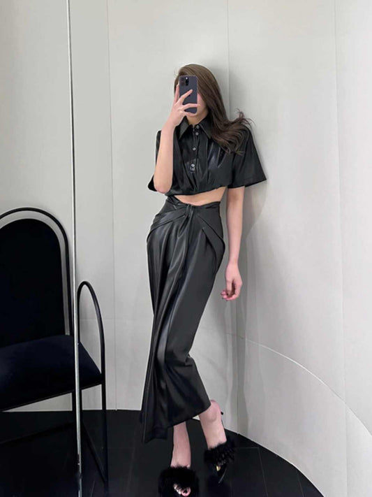 Dinner Date Faux Leather Draped Maxi Skirt
