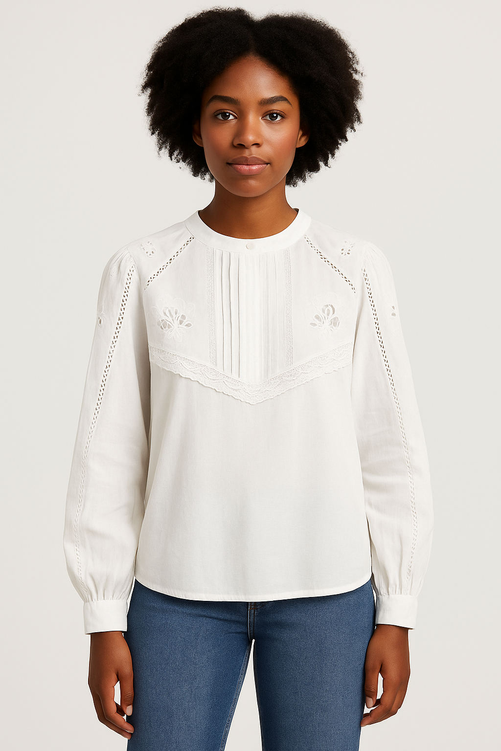 European And American Style Distressed Color Lace Embroidered Shirt