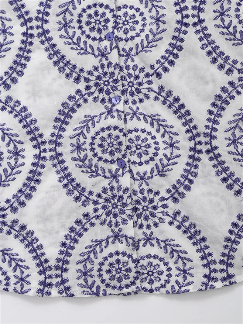 Ocean Embroidered Button-Up - Blue