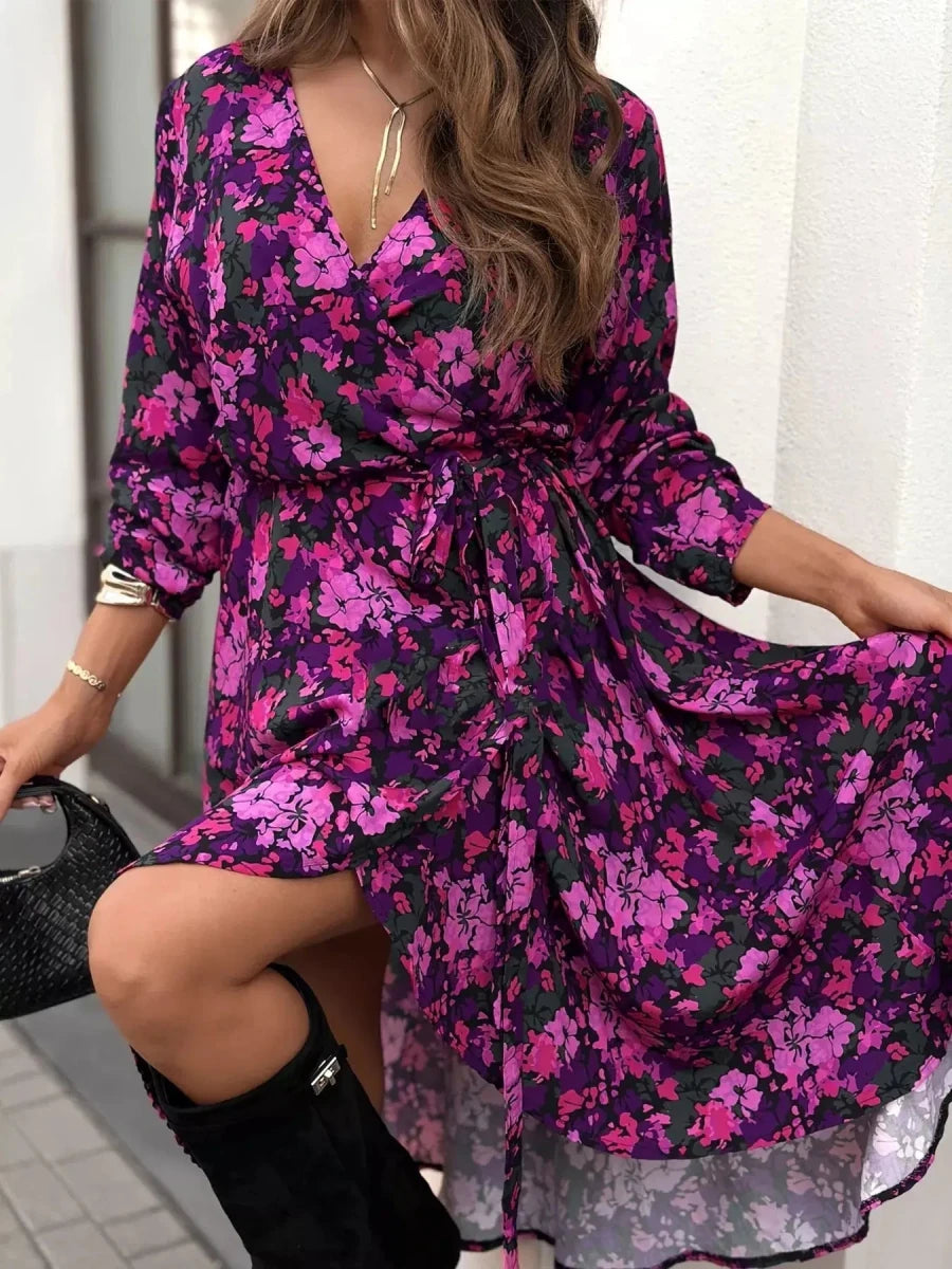 Floral Blooms Print Long Sleeve Midi Dress - Lustreve