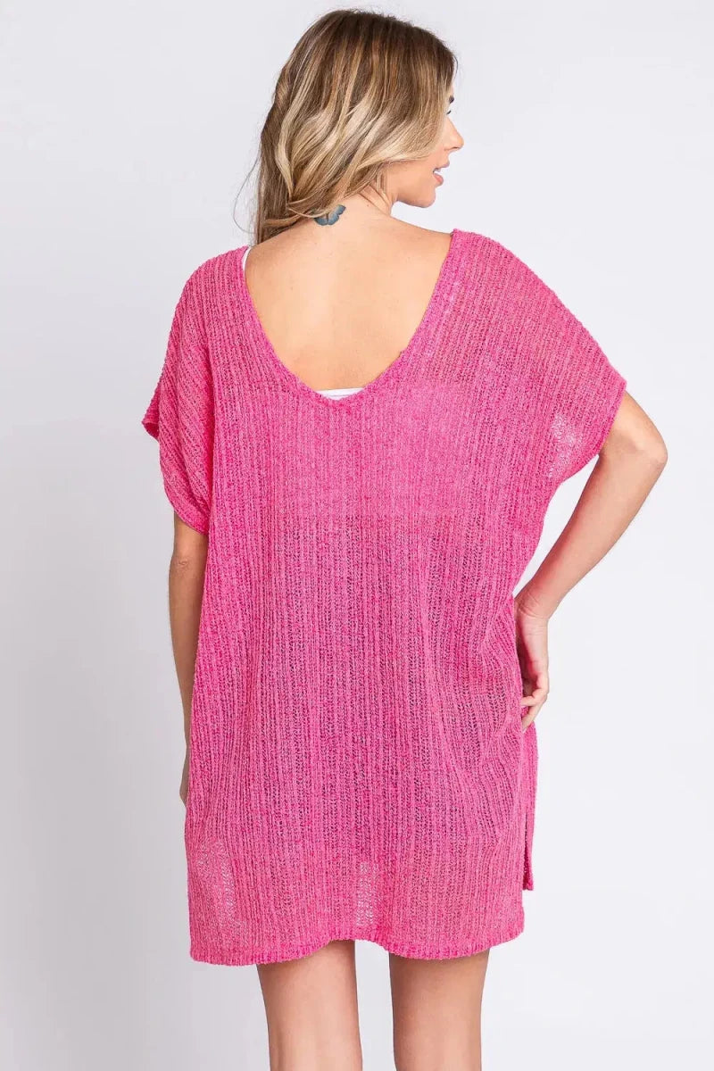 GeeGee Short Sleeve Side Slit Knit Cover Up Dress - Lustreve