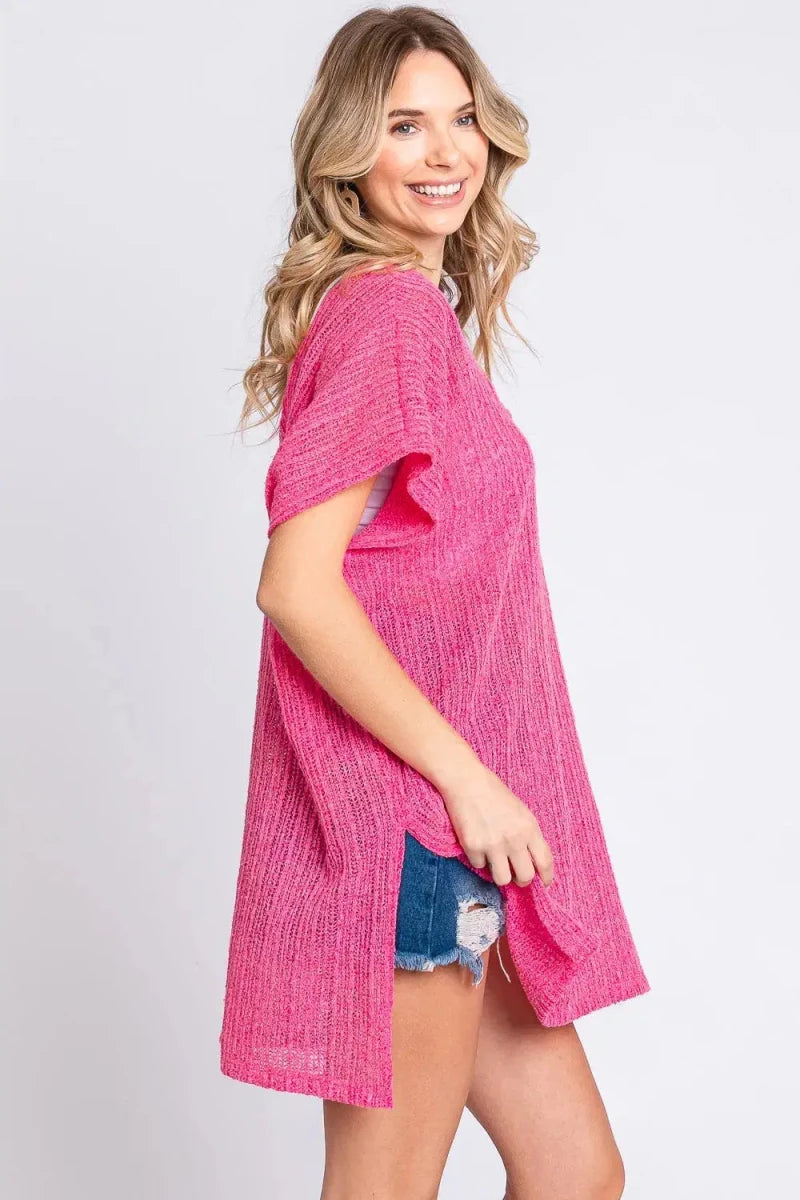 GeeGee Short Sleeve Side Slit Knit Cover Up Dress - Lustreve