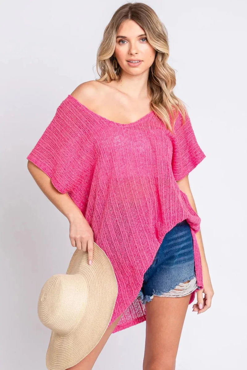 GeeGee Short Sleeve Side Slit Knit Cover Up Dress - Lustreve