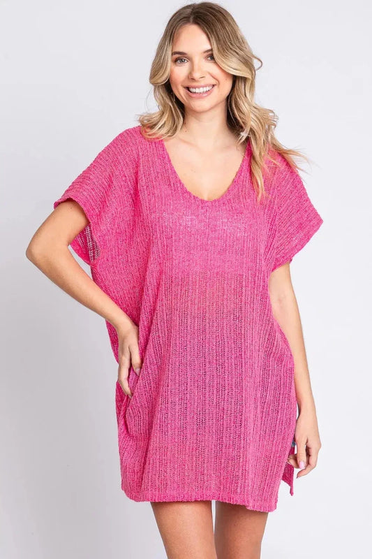 GeeGee Short Sleeve Side Slit Knit Cover Up Dress - Lustreve