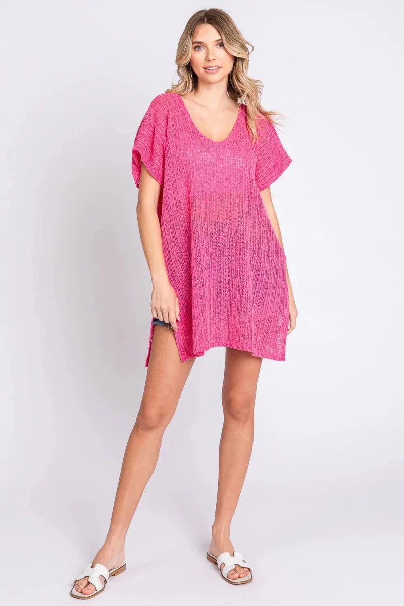 GeeGee Short Sleeve Side Slit Knit Cover Up Dress - Lustreve