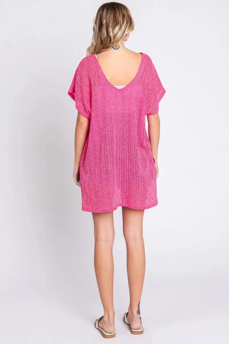GeeGee Short Sleeve Side Slit Knit Cover Up Dress - Lustreve