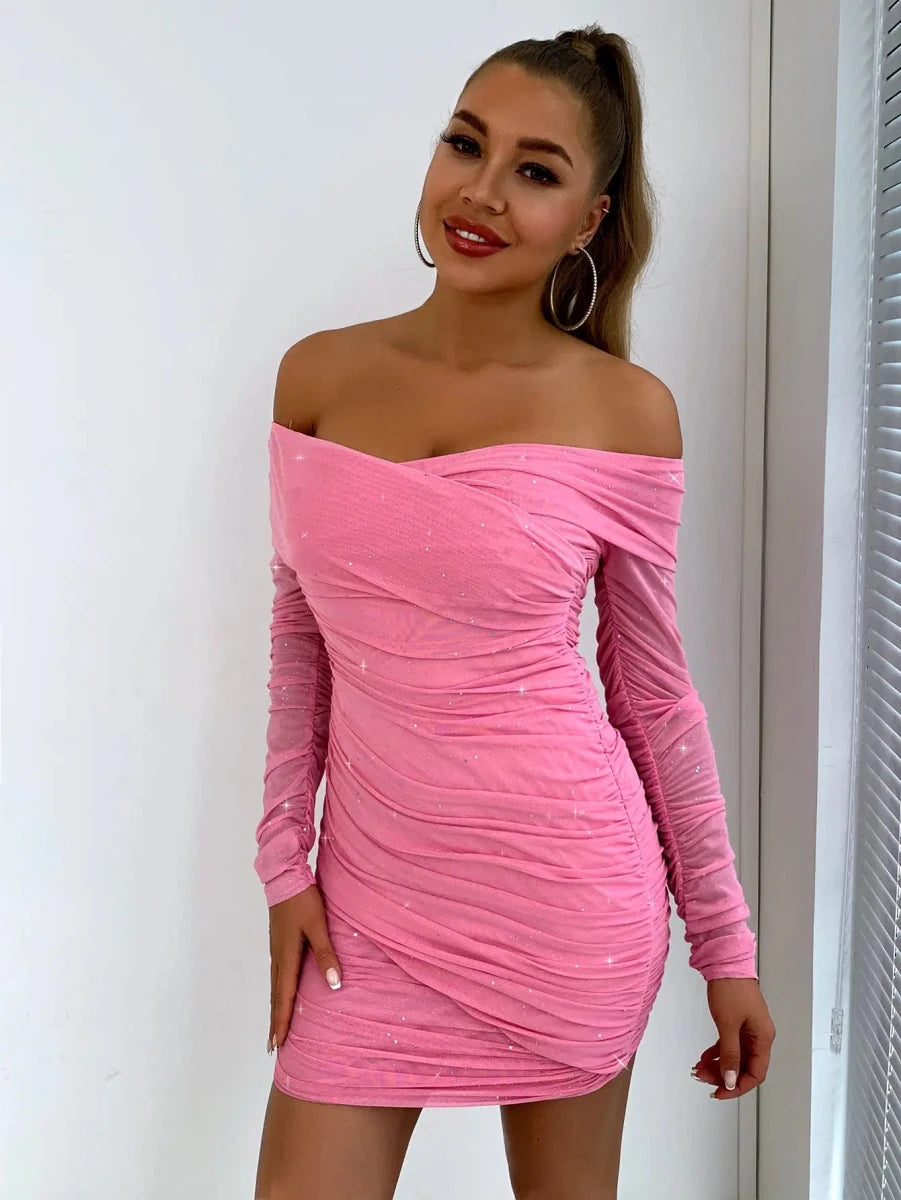 Glitter Rush Off - Shoulder Long Sleeve Bodycon Dress - Lustreve