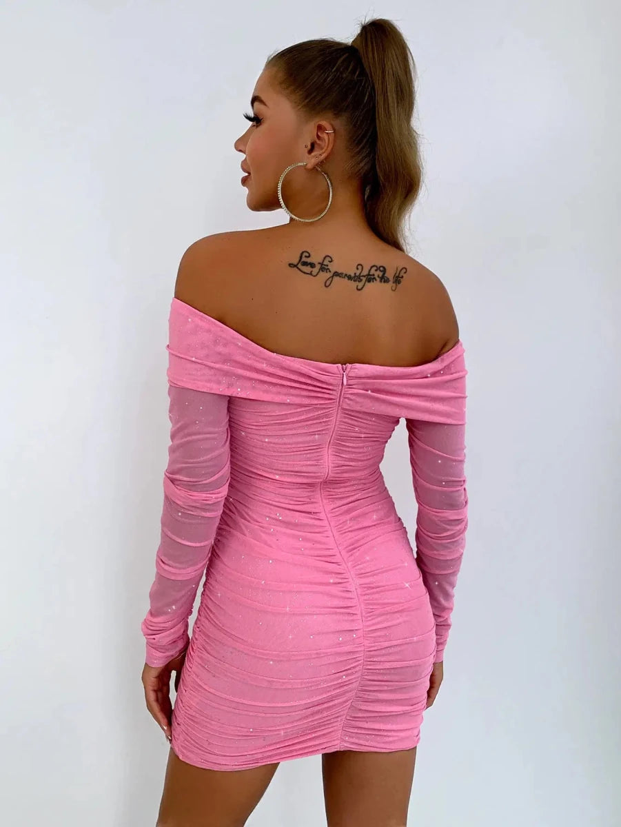 Glitter Rush Off - Shoulder Long Sleeve Bodycon Dress - Lustreve