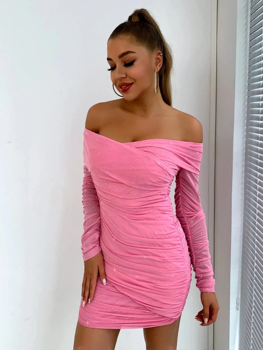 Glitter Rush Off - Shoulder Long Sleeve Bodycon Dress - Lustreve