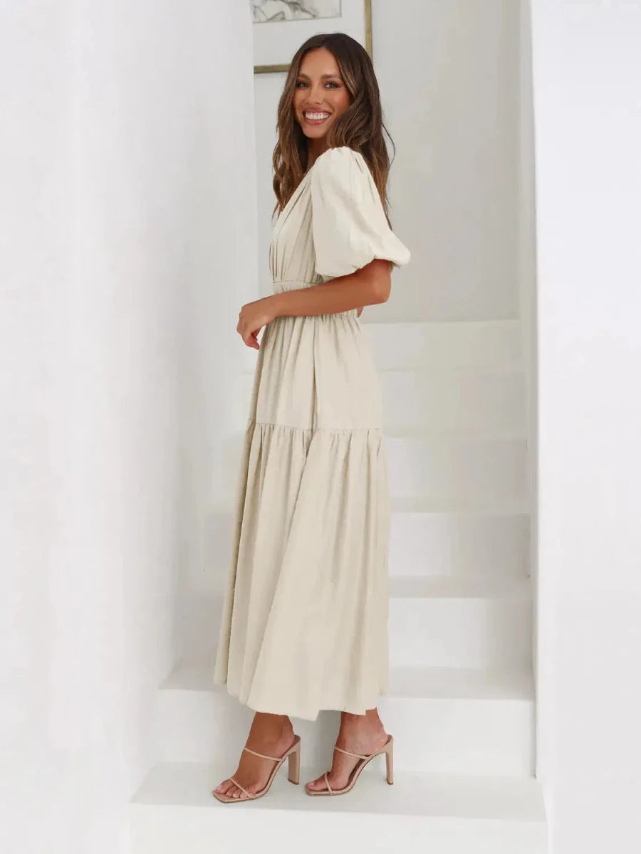 Gracefully Yours Puff - Sleeve Tiered Maxi Dress - Lustreve