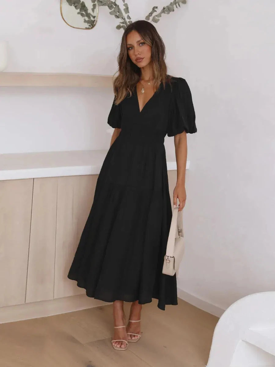 Gracefully Yours Puff - Sleeve Tiered Maxi Dress - Lustreve