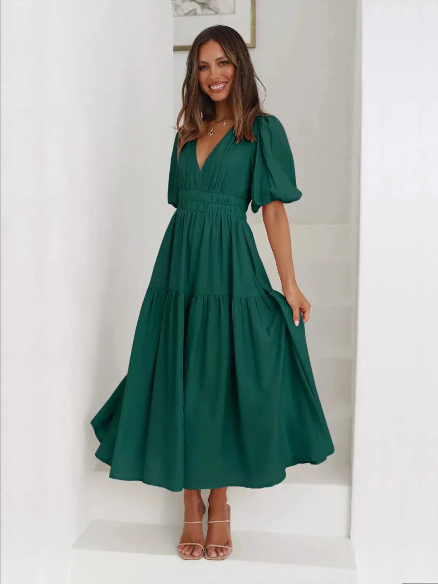 Gracefully Yours Puff - Sleeve Tiered Maxi Dress - Lustreve