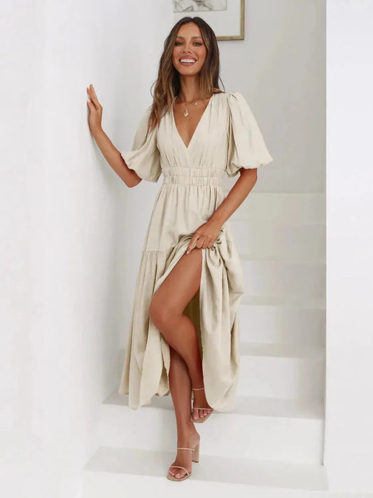 Gracefully Yours Puff - Sleeve Tiered Maxi Dress - Lustreve