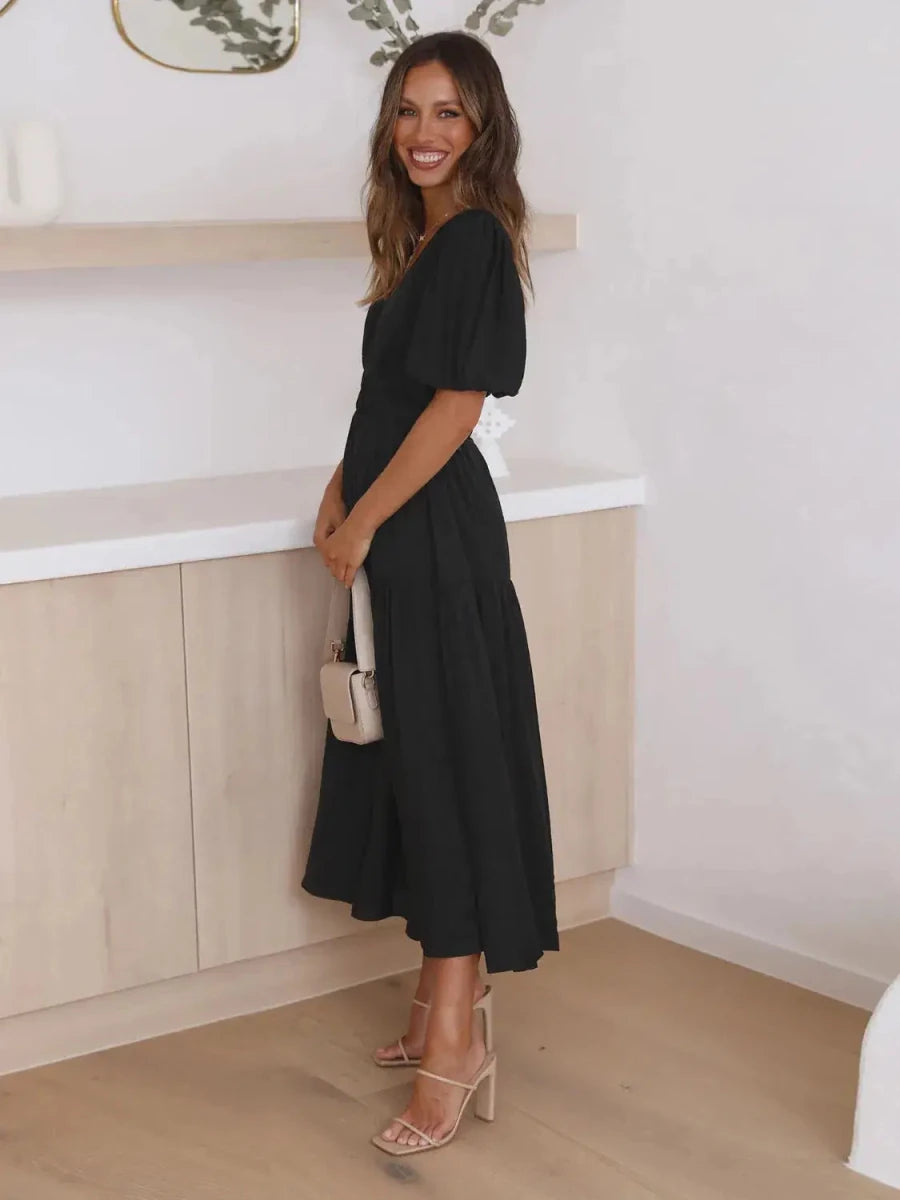 Gracefully Yours Puff - Sleeve Tiered Maxi Dress - Lustreve