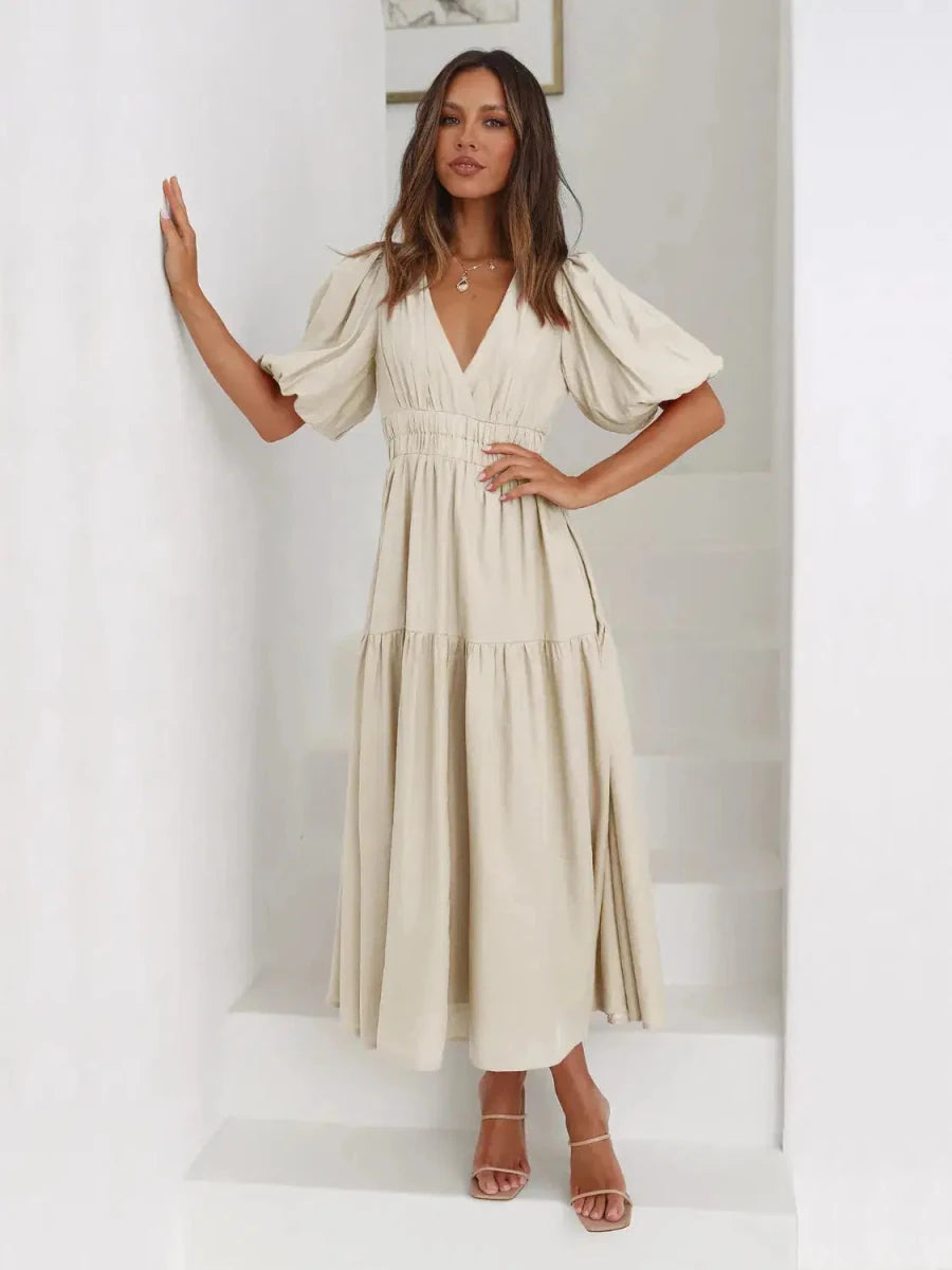 Gracefully Yours Puff - Sleeve Tiered Maxi Dress - Lustreve