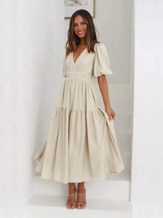 Gracefully Yours Puff - Sleeve Tiered Maxi Dress - Lustreve